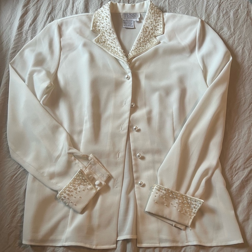 Button down, White faux pearl, blouse, perfect under a blazer or alone!